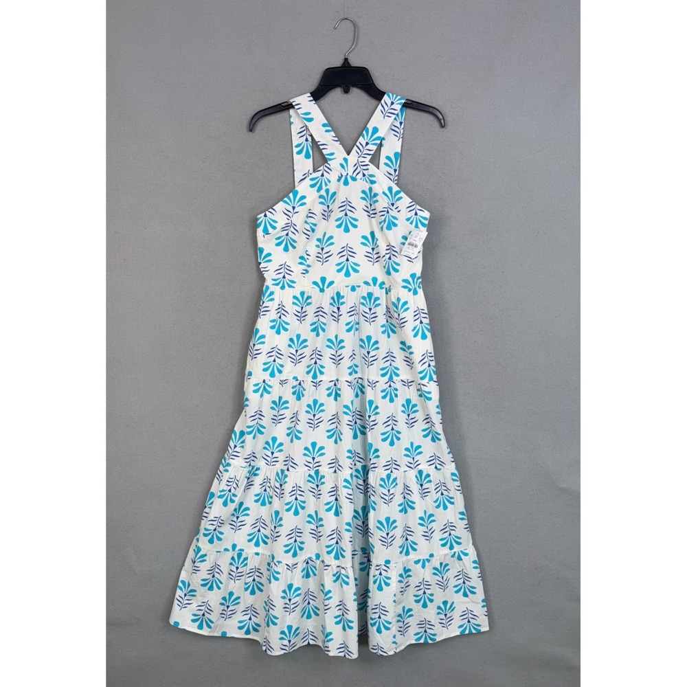 J.Crew Dress Womens 10 White Blue Floral Tiered Midi Cotton Blend Summer $148